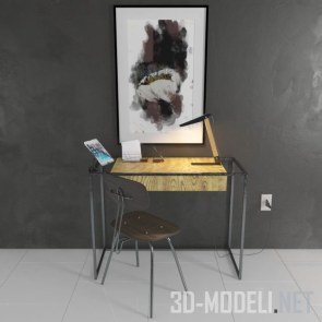 Стол и стул, с картиной, iPad и лампой