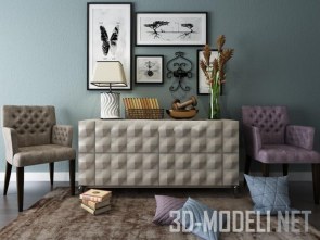 Комод с декором, кресла и подушки
