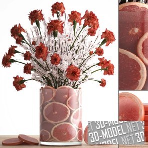Букет красных и белых цветов и ваза с грейпфрутом
