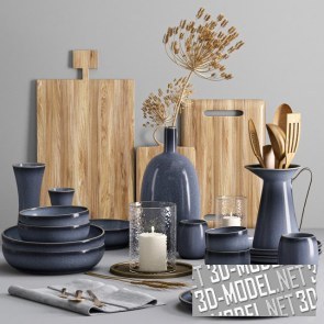 Кухонный сет с деревянными досками и синей посудой