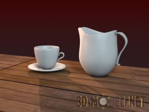 Кувшин–кофейник из белой керамики и чашка с блюдцем