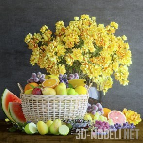 Натюрморт с корзиной фруктов и желтым букетом