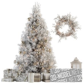 Бело-золотая рождественская ель, венок и подарки