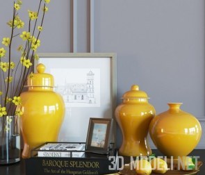 Желтые вазы, лимоны и веточки Ochna Integerrima