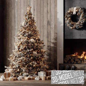 Рождественская ель и камин с декором
