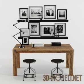 Деревянный стол с табуретами и фотографиями