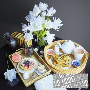 Плетеные подносы с завтраком и белые тюльпаны