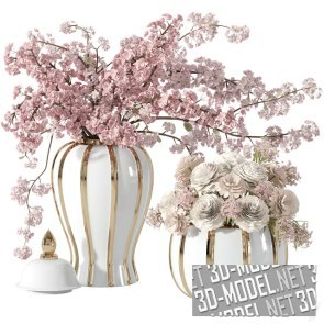 Две бело-золотые вазы с цветами