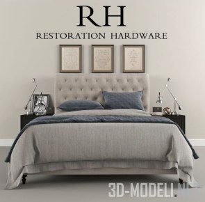 Кровать RH Sleigh Chesterfield Fabric с тумбой и лампой