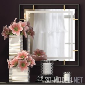 Зеркало, свечи, книги и вазы с цветами (розовые анемоны)