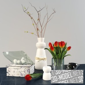 Декор и вазы с ветками и тюльпанами