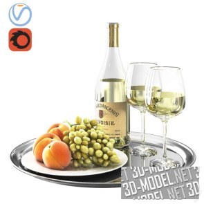 Поднос с белым вином, виноградом и персиками