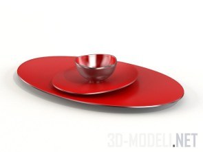 Красные овальные тарелки и миска