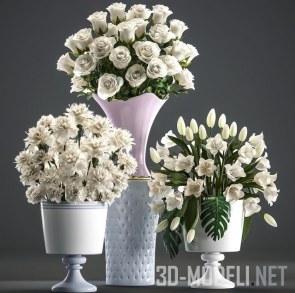 Три белых букета (розы, тюльпаны, гвоздики)