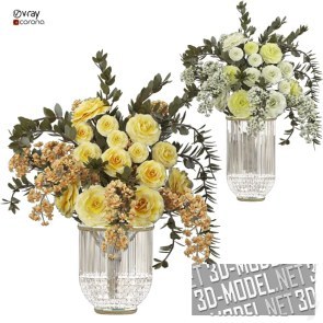 Букеты с желтыми и белыми розами в хрустальных вазах