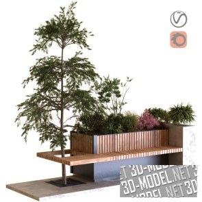 Скамейка и бетонная клумба с растениями