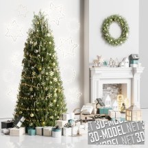 3d-модель Рождественская ель с декором в бело-бирюзовых тонах