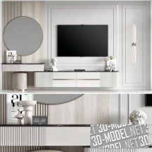 3d-модель ТВ-стена с тумбой, зеркалом и декором