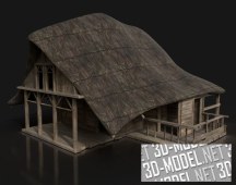 3d-модель Деревянный домик с соломенной крышей Low-Poly