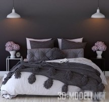 Кровать с пледом, букетами и лампами