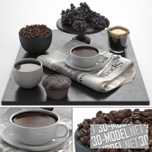 3d-модель Кофейный сет с виноградом и газетой