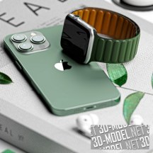 3d-модель Набор настольного декора с гаджетами Apple в бело-зеленых тонах