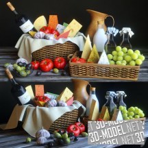 3d-модель Корзины с виноградом, помидорами и сыром