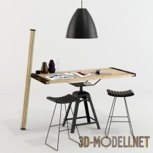 3d-модель Деревянный стол с большой лампой и табуретами