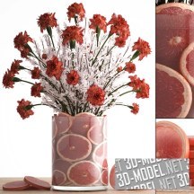 3d-модель Букет красных и белых цветов и ваза с грейпфрутом