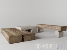 3d-модель Журнальный столик и скамья из травертина и бруса