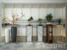 3d-модель Напольные вазы и бонсай на подставках