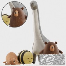 3d-модель Мягкие игрушки медведь, оса, динозавр и бобер