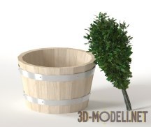 3d-модель Банный веник из веточек дуба и деревянная кадка