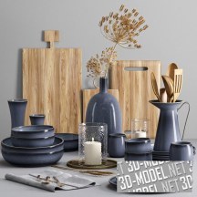 3d-модель Кухонный сет с деревянными досками и синей посудой