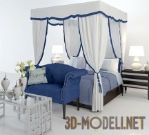 3d-модель Кровать с балдахином и синим креслом