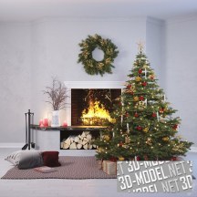 3d-модель Новогодняя ель с красными шарами и декор