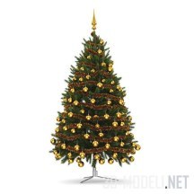 3d-модель Новогодняя елка с золотистыми шарами и дождиком