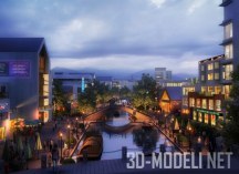 3d-модель Вечерний городской квартал с набережной