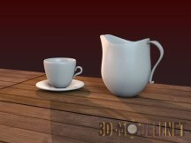 3d-модель Кувшин–кофейник из белой керамики и чашка с блюдцем
