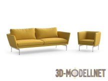 3d-модель Диван и кресло желтого цвета, на хромовых ножках