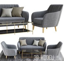 3d-модель Мебель Sillon and sofa retro tela gris patas madera