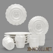 3d-модель Комплект из трех обеденных тарелок и трех кружек