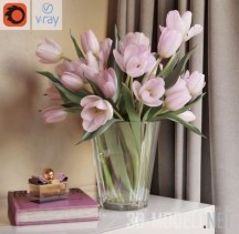 3d-модель Букет розовых тюльпанов, парфюм и книги