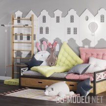 Декор с домиками, кровать и шведская стенка