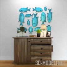 3d-модель Деревянный комод и декор-рыбы