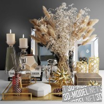3d-модель Декоративный cет с пампасной травой, зеркалами и букетом белых цветов