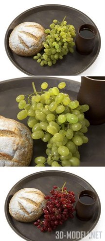 3d-модель Поднос с виноградом и хлебом