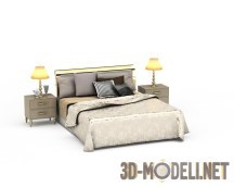3d-модель Двуспальная кровать с тумбочками и светильниками