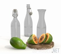 3d-модель Сочная папайя и стеклянные бутылки