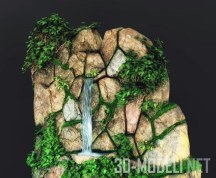 Скала с водопадом и зеленью